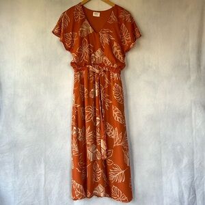 Sienna Sky Orange Floral Print Flutter Sleeve Maxi Dress Size Small Waist Tie